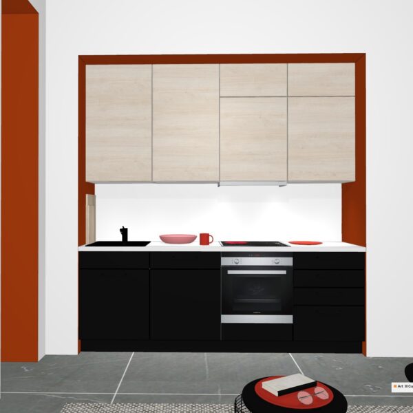 kitchenette bi-couleur noir et bois avec plan de travail blanc 283/1/6